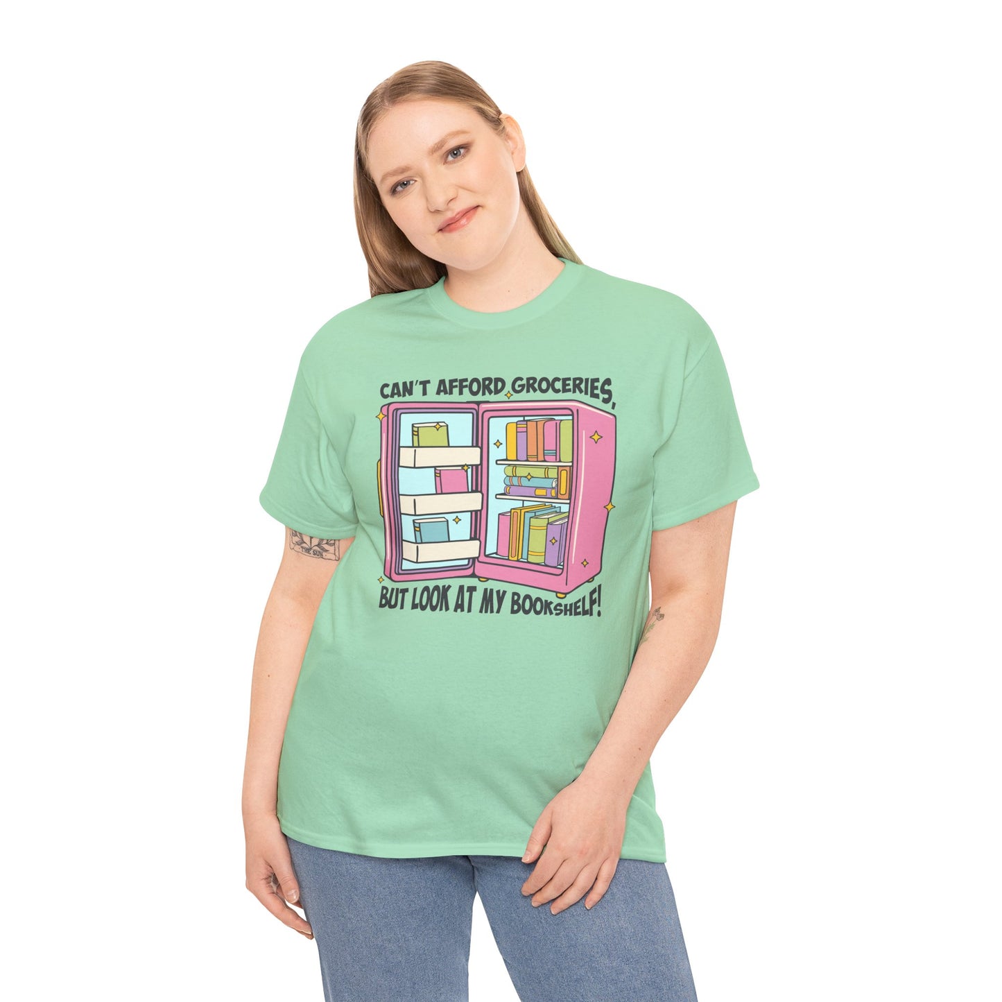 Funny Book Lover Unisex Heavy Cotton Tee – "Can't Afford Groceries, But Look at My Bookshelf!"