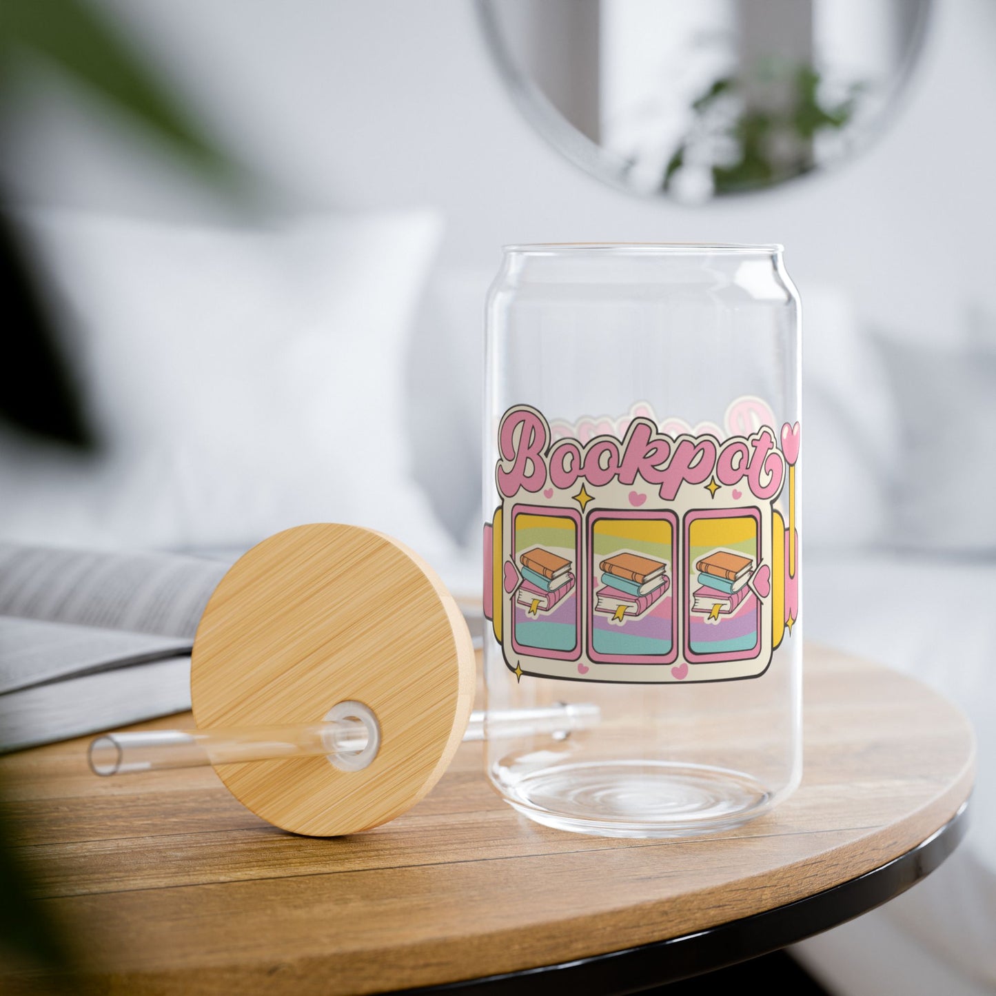 Cute Book Lover Sipper Glass - 16oz with Bamboo Lid