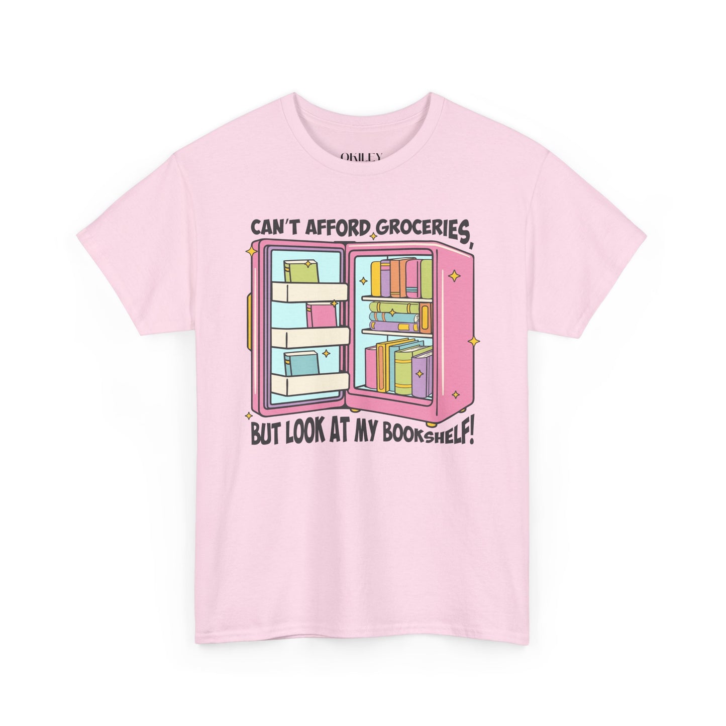 Funny Book Lover Unisex Heavy Cotton Tee – "Can't Afford Groceries, But Look at My Bookshelf!"
