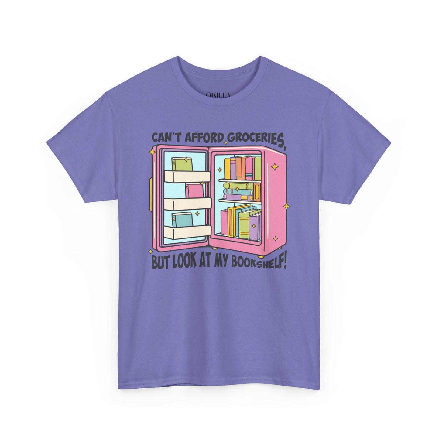 Funny Book Lover Unisex Heavy Cotton Tee – "Can't Afford Groceries, But Look at My Bookshelf!"