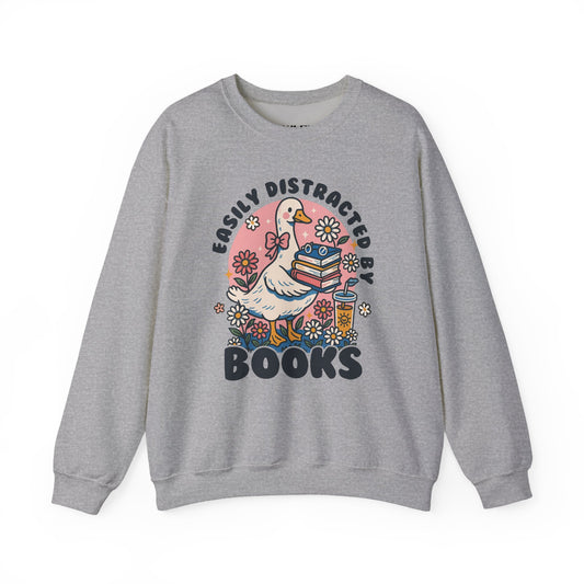 Easily Distracted By Books - A Book Lover's Crewneck Sweatshirt - Easily Distracted by Books, Reading Gift, Cozy Style, Homewear, Literary Apparel